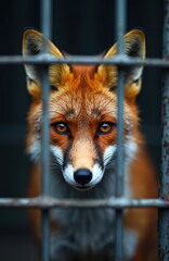 Naklejka premium Close up of red fox behind bars. Orange fur animal with piercing eyes stares through cage. Wild mammal in captivity. Fox locked. Zoo habitat for predator behind fence.