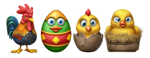 Colorful Cartoon Rooster, Eggs, and Chicks with Isolated Transparent Background