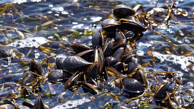 Close-up video shot of mussels clustered on rocks, with waves splashing over them. Captures the dynamic interaction of sea life and water.