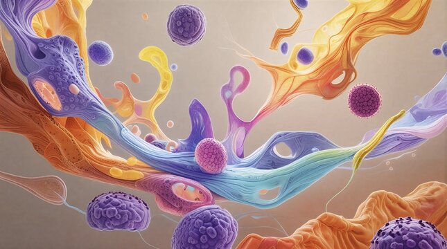 Abstract interaction between tumor and immune cells, ideal for use in educational, medical, and scientific contexts, suitable for visualizing immunotherapy, cancer research, and cellular biology.