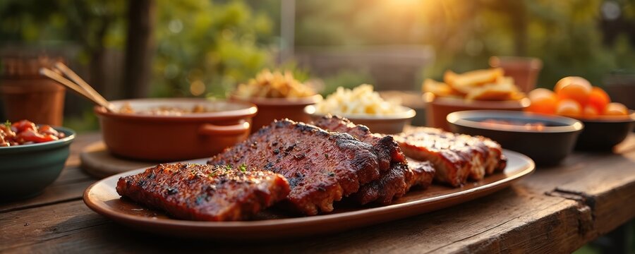 Delicious outdoor BBQ feast on rustic wooden table. Grilled meat slices, juicy ribs, beans, various savory side dishes are ready. Golden hour sun brightens this inviting backyard summer meal spread. - Powered by Adobe