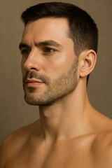 Obraz premium Close-up Portrait of a Groomed Western Male Model in Skincare and Aesthetic Beauty Photography