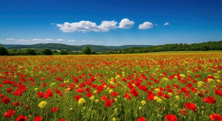 Vast field of vibrant red and yellow poppies blooming under a bright blue summer sky with scattered white clouds above rolling green hills in the distance
