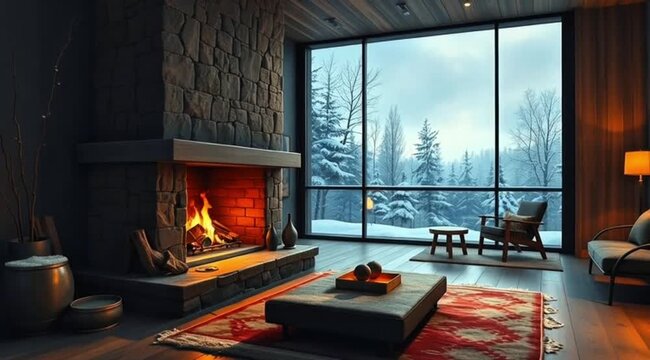 Warm cabin living room with glowing fireplace facing large window showing snowy forest scenery during quiet winter day. Interior home concept