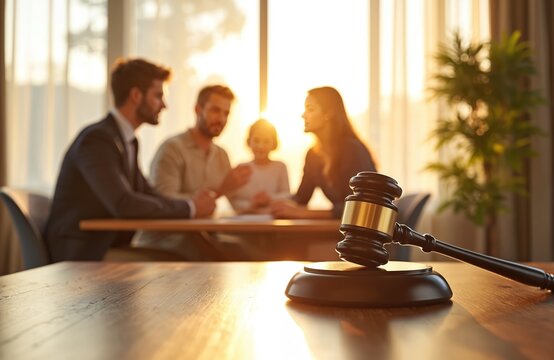 Lawyer discusses estate planning with family in office. Wooden gavel in foreground. Business meeting about inheritance wealth and future goals. Legal advice and finance.