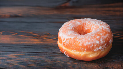 Delicious donut with powdered sugar on top on a rustic wooden board
