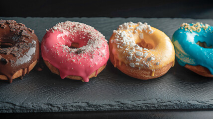 Vibrant donuts decorated with blue, white, and pink glaze, arranged on a rustic wooden board, creating a playful and eye-catching sweet display.