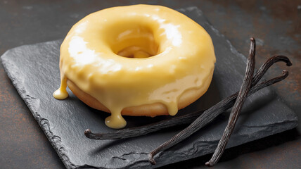 Donut decorated with a pastel yellow vanilla glaze, with vanilla pods on a rustic wooden board