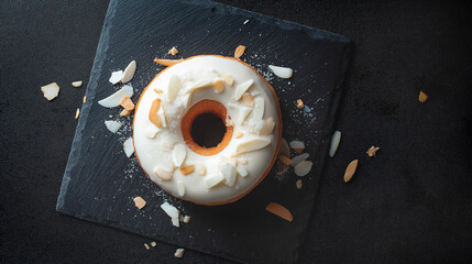 Donut covered in white chocolate frosting with crunchy almond flakes on top. Generative AI