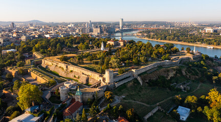 Aerial panoramic image of preserved defensive walls and fortified towers of Kalemegdan Fortress...