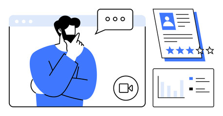 Person thinking during video call, analyzing candidate profile with ratings and reviewing charts. Ideal for recruitment, evaluation, analytics, decision-making, brainstorming, productivity, teamwork
