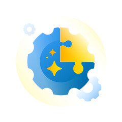 illustration featuring interlocking puzzle pieces forming gear with shining spark. represents innovation, technology updates, system integration, problem solving and launch of new features