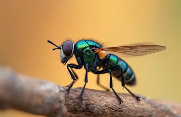 Emerald green soldier fly with iridescent body rests on dry branch. Insect macro view shows delicate wings, hairy legs, large compound eyes in natural habitat.