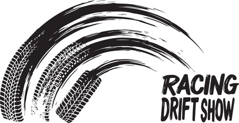 Obraz premium Black vector tire track skid marks design element with RACING DRIFT SHOW text logo.
