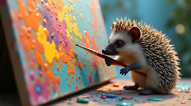 An adorable hedgehog artist creates a vibrant, colorful abstract painting on a canvas, showcasing its artistic talent