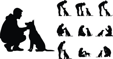 Dog training and owner bonding sequence silhouettes vector illustration set showing human-animal interaction love care pet ownership relationship graphics