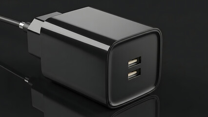 Black dual USB wall charger power adapter for electronic devices on a dark background.