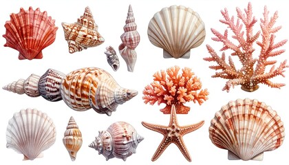 Assortment of seashells and coral, various shapes and colors, against a white background