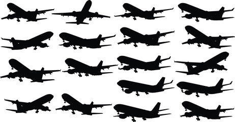 Airplane silhouettes, aircraft icons, aviation graphics, landing gear, flight symbols, black planes, commercial jets, vector transport, air travel, isolated