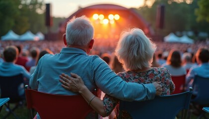 Obraz premium Elderly couple enjoys concert. They sit close together arms around each other watching stage lights. People listen to music at outdoor event. Joyful mature partners share moment.