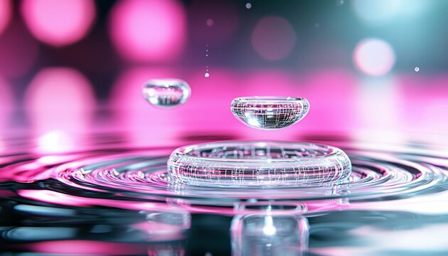A close-up, abstract shot of a water droplet impacting a liquid surface, creating concentric ripples and a ring-like formation. A second droplet hovers above. T