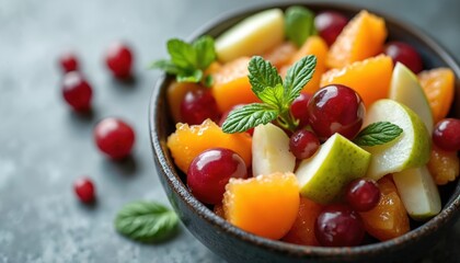 Fresh fruit salad in a bowl with cherries, orange, pear, and mint leaves. Colorful mix of fruits on gray background. Healthy dessert or snack.