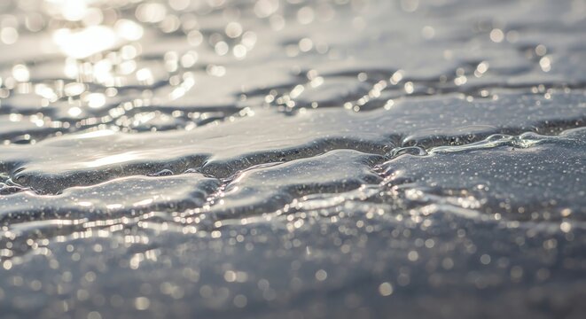 Shimmering seawater ripples on sandy beach surface closeup.