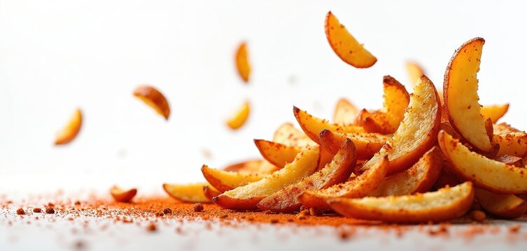 Crispy potato wedges seasoned with spices are sprinkled on a white surface. Some wedges fall through air. Food is golden brown and looks delicious.