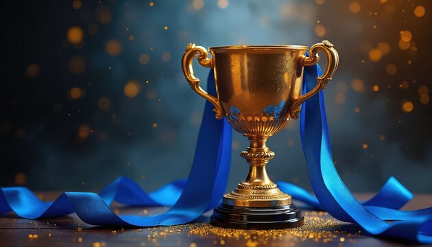 Golden trophy with blue ribbons represents victory and success. Shiny award signifies achievement, championship title, and top prize. Celebrate excellence.