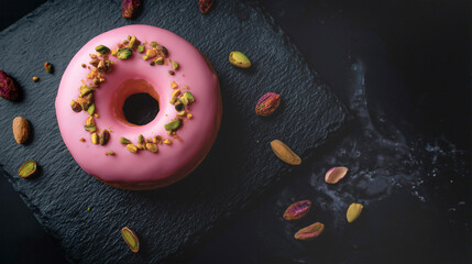 Donut covered with pink icing and crunchy pistachios on a black slate plate. Dark food style