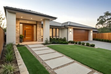 Modern Australian home with artificial grass lawn, timber edging. Contemporary house facade features stone pathway, wooden front door, garage. Front yard with green grass landscaping. Family