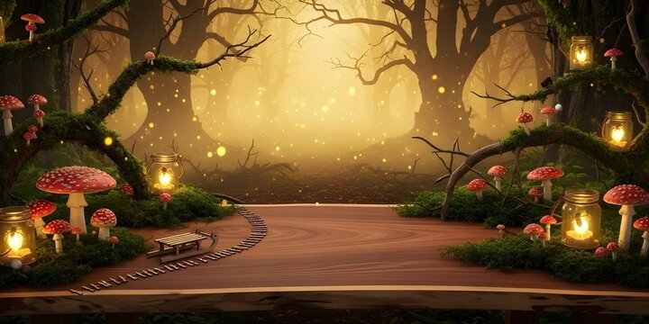  "Enchanted Forest natural Background on Live-Edge Espresso Wood with Moss & Fireflies – Magical Copy Space" - Powered by Adobe