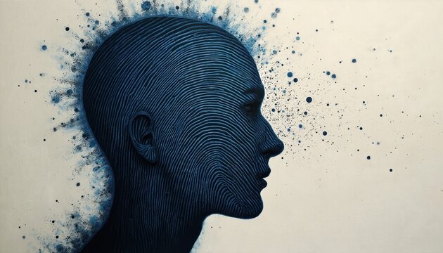 Blue human head profile formed by fingerprint ridges. Abstract art conveys identity, privacy, and digital security concepts with splattered ink.