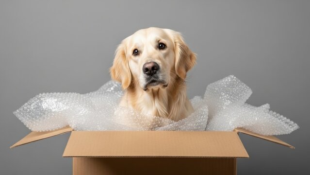 Cute Golden Retriever Dog Sitting Inside Cardboard Moving Box with Bubble Wrap
