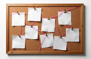 Blank white paper notes pinned to cork board. Pink strings connect ideas. Represents detective investigation, crime scene analysis, concept map, problem solving strategy for complex tasks, showing
