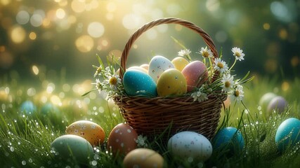 Wicker basket containing vibrant painted Easter eggs and small daisies placed on fresh green grass. Sunlight and bokeh effects create a festive, cheerful atmosphere. - Powered by Adobe