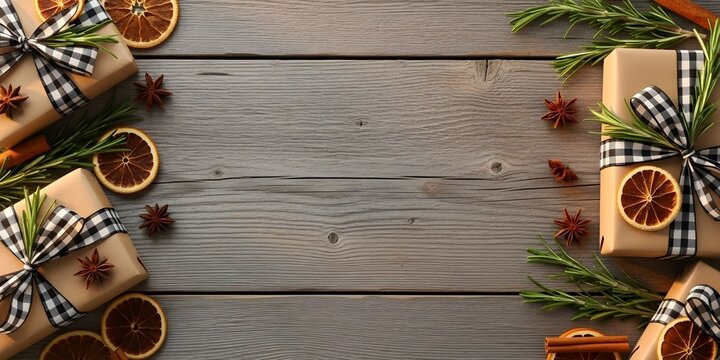 "Rustic Farmhouse Christmas Wood Background with Kraft Gifts & Dried Oranges – Empty Center Area"