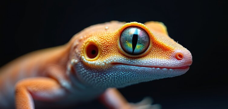 Macro photo of orange gecko head close up. Detailed lizard eye looks iridescent with vibrant green, blue, yellow colors. Reptile skin shows intricate textured bumps, scales. Exotic animal close up