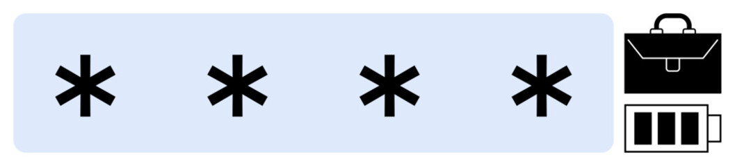Asterisks in a password field with icons of security, work management, and system energy. Ideal for cybersecurity, digital privacy, login processes, encryption, password management, workplace