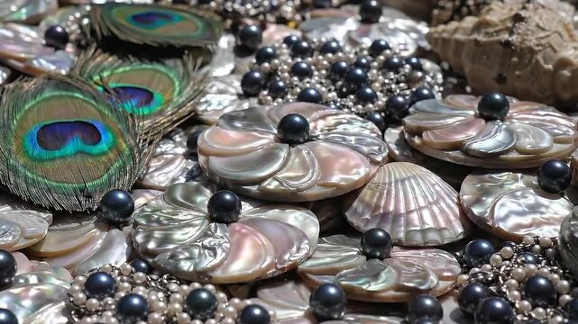 Assortment of Iridescent Mother of Pearl Shell Carvings Adorned with Dark Pearls and Peacock Feathers