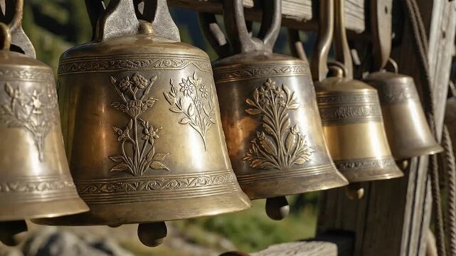 Collection of Antique Brass Bells with Intricate Carvings Hung on a Rustic Wooden Structure in Natural Sunlight