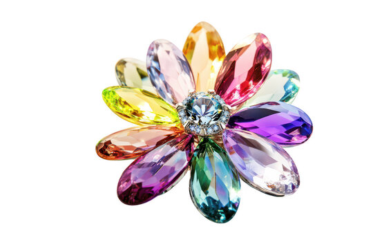 A vibrant. multi-colored flower-shaped brooch made of sparkling gemstones resting on a soft. illuminated surface. its intricate design and brilliance. perfect for fashion accessories or jewelry collec