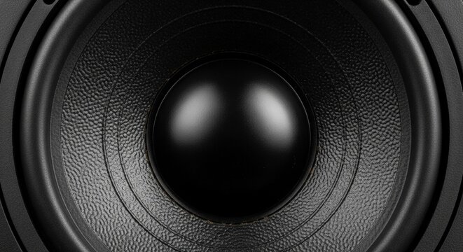 Close-up detail of a modern black audio speaker cone and dust cap component for sound reproduction - Powered by Adobe