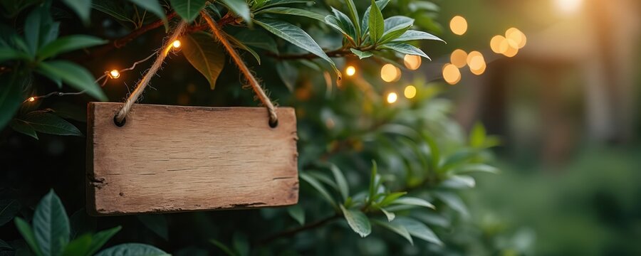 Rustic wooden blank sign hangs on green leafy branch. Twinkling fairy lights glow in soft bokeh background. Ready for custom text decoration for events or home use.
