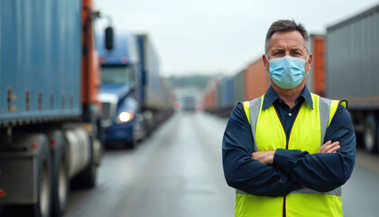 Logistics manager in face mask, safety vest at border checkpoint. Man with crossed arms inspects trucks. Customs officer controls cargo transport, oversees lorry traffic. Freight industry pro works