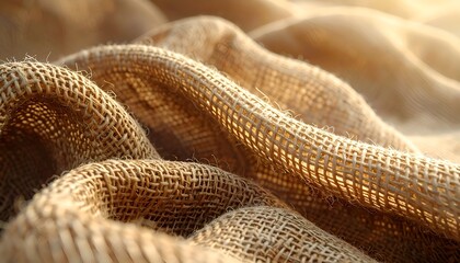 Fototapeta premium Close-up of tightly woven, rough, tan fabric with shadows. Soft lighting enhances texture