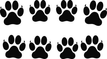Black paw prints, animal track pattern, pet footprint design, wildlife symbol, cute graphic, isolated icon, white background, vector illustration