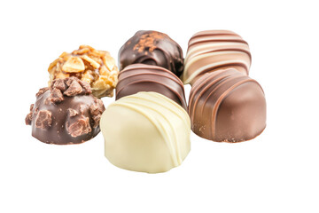 Fototapeta premium An assortment of gourmet chocolate truffles featuring various flavors and textures. elegantly arranged on a clean white background. ideal for dessert menus or confectionery advertisements