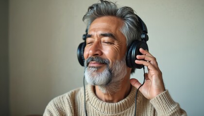 Elderly Asian man enjoys music with headphones, eyes closed. He wears a beige sweater, has gray hair and beard. Senior person feels relaxed, happy indoors. Mature man finds calm and peace in audio.