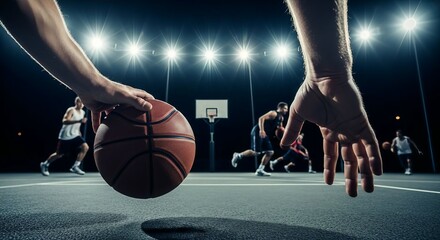 A close-up view of a basketball being dribbled on a court during a game.